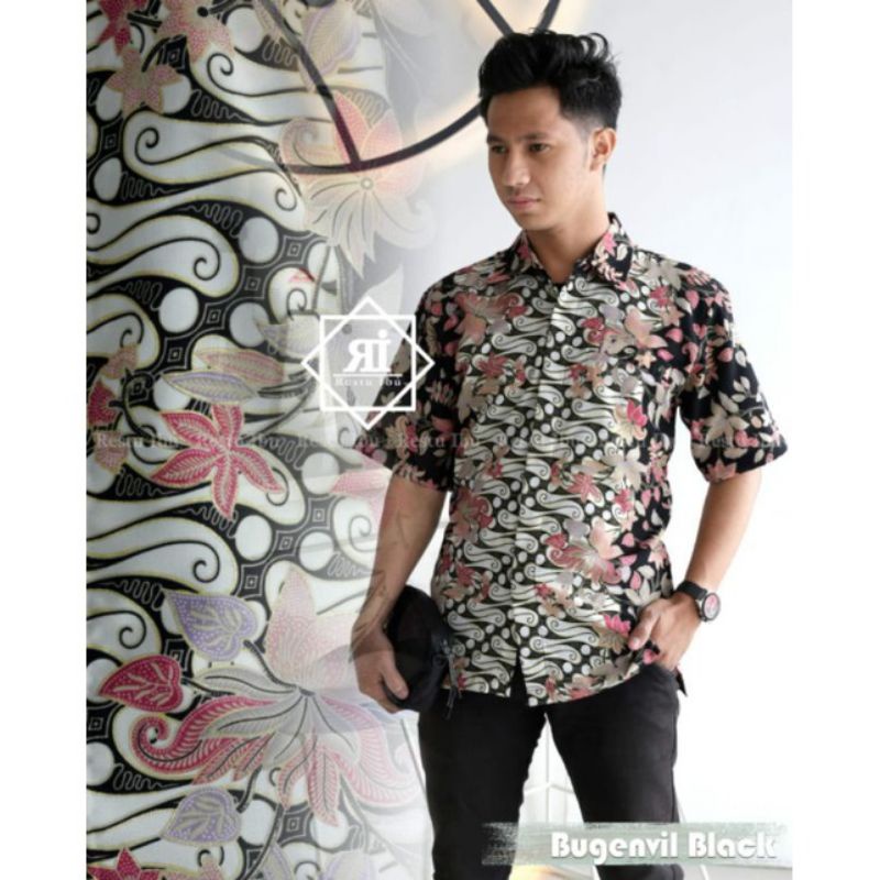 COUPLE KEMEJA BATIK COUPLE ROK BATIK PRISKET MOTIF BUGENVIL HITAM