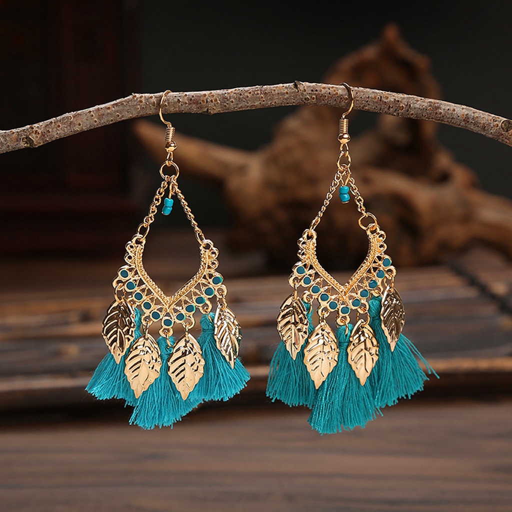 Hu Hu Hu Hu Hu Alat Bantu Pasang Kacamata♡ 1 Pasang Anting Kait Gantung Desain Daun Rumbai Gaya Vintage Tahan Lama Untuk Wanita