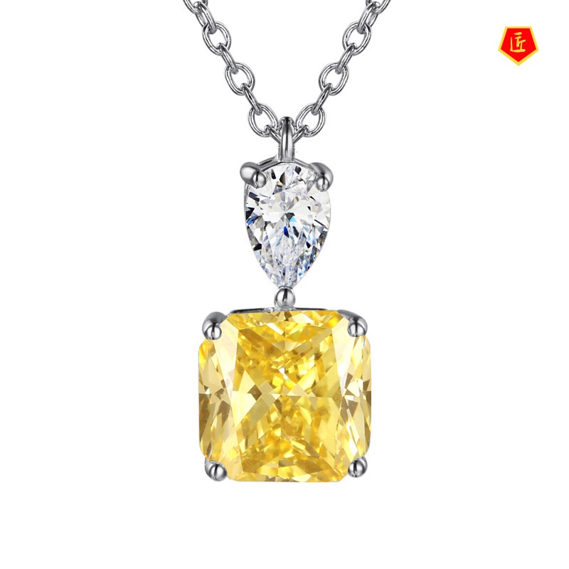 [Ready Stock]Pink Diamond Square Necklace Female Fairy S925 Silver Pendant Simple and Elegant