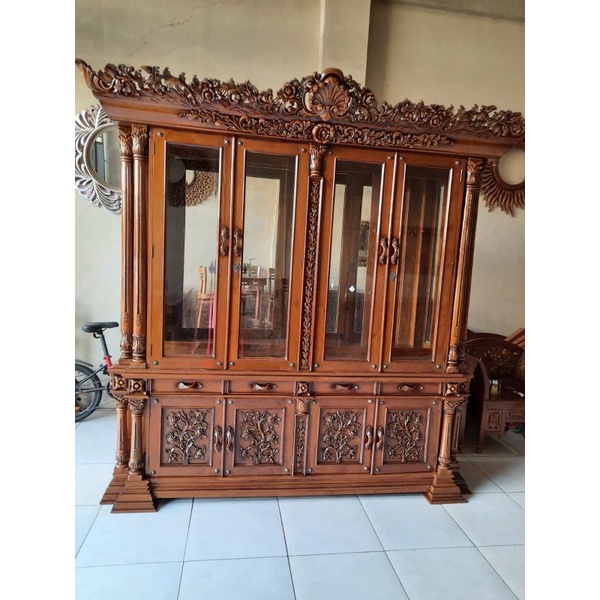 lemari pajangan jati - lemari pajangan ukir - lemari kristal - lemari kaca - toko kayu jati