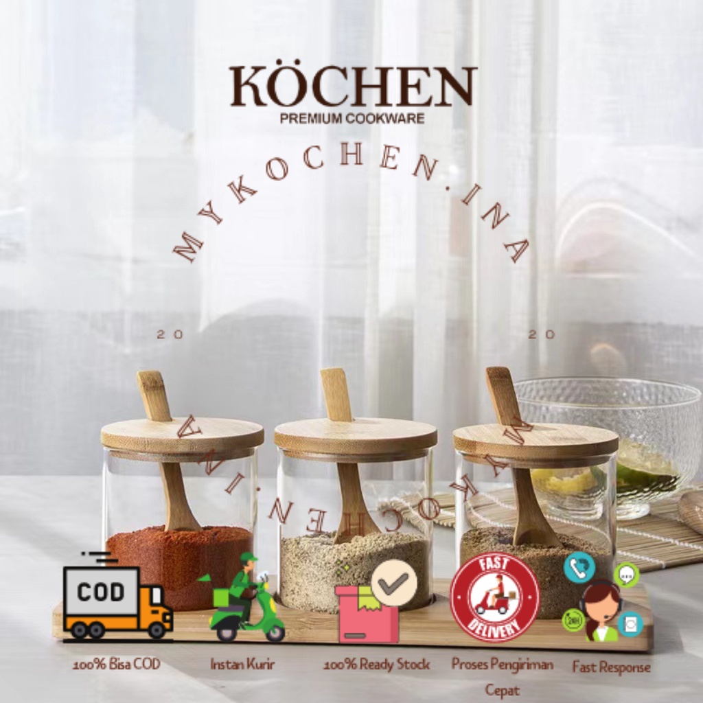 MYKOCHEN.INA Tempat Bumbu Dapur SET 3pcs Free Sticker Free Sendok Botol Bumbu Dapur Wadah Bumbu Dapur Gula Garam Kaldu Kopi Teh Multifungsi Kaca Neron Glass Bamboo Jar Toples Transparan Gaya Jepang Aesthetic Nordic Scandinavian Bambu Kayu Canister