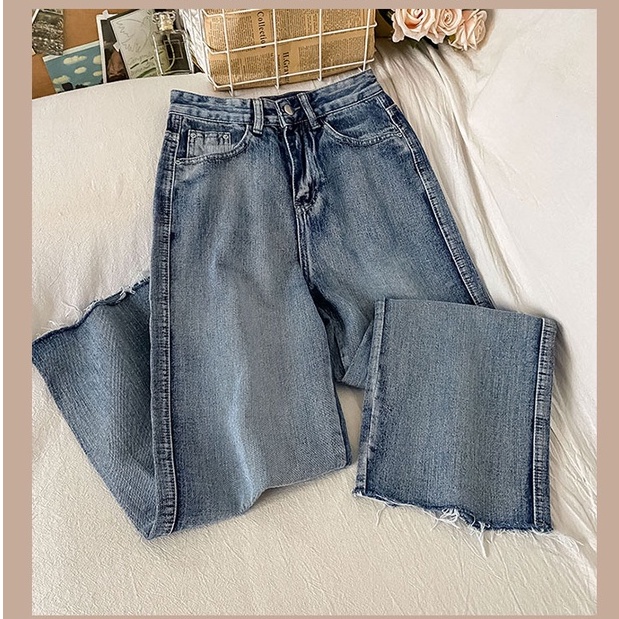 Korean Style Rawis Highwaist Lurus Loose Celana Jeans Panjang Wanita Fashionable (realpict)