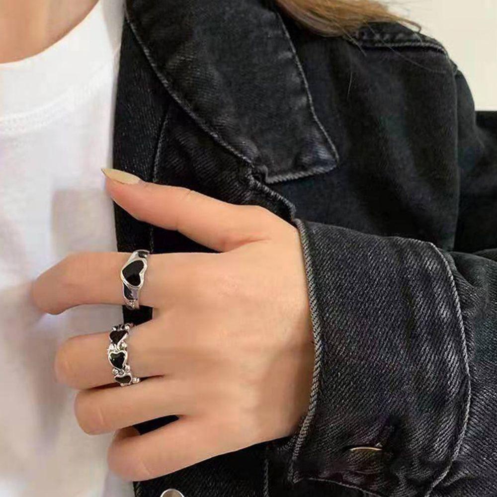 Cincin Rantai Model Terbuka Dapat Disesuaikan Warna Merah Dan Hitam Gaya Korea Minimalis Untuk Wanita