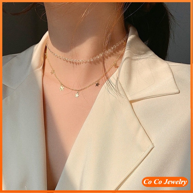 Korea Gypsophila Necklace Double Star Pendant Clavicle Chain Crystal Necklace Short Neck Lace Jewelry Luxurious