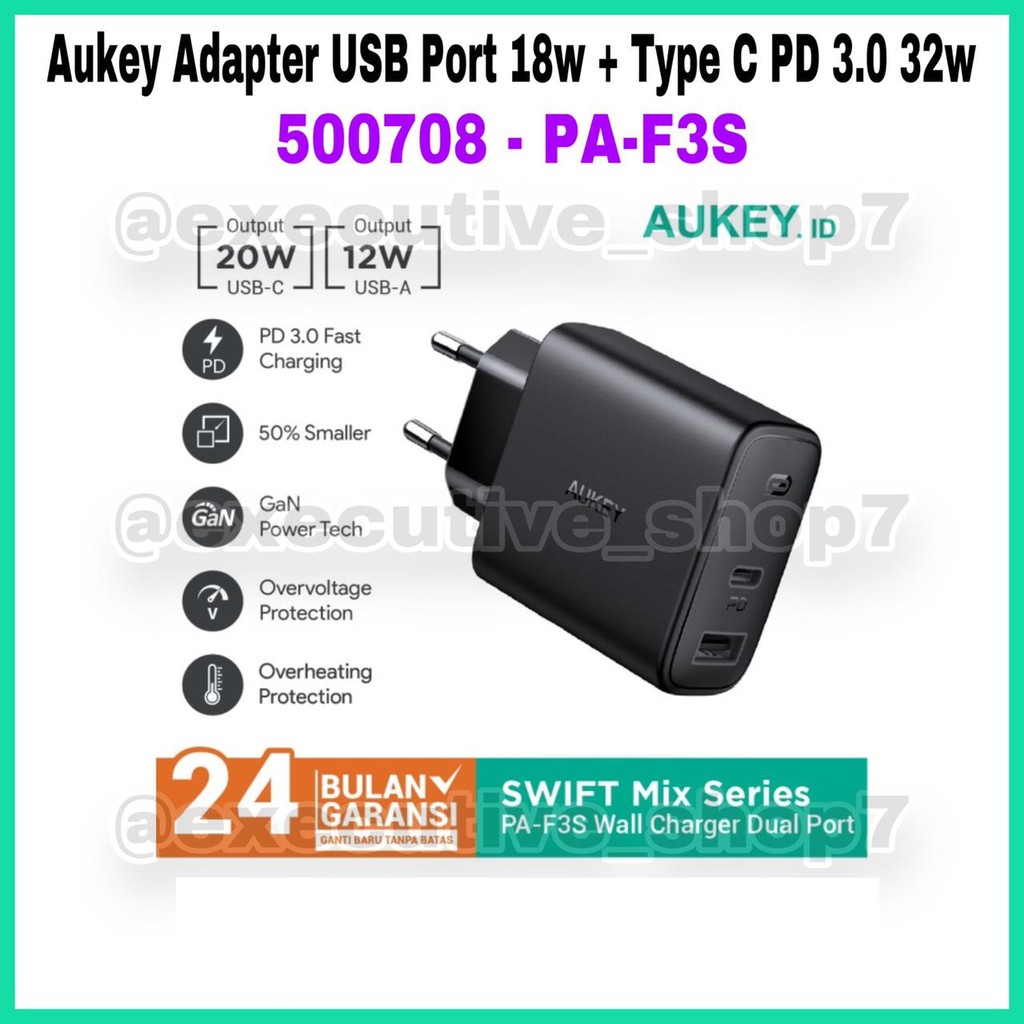 Aukey Adapter Charger PD Type C + USB 32W PA-F3S - SKU : 500708