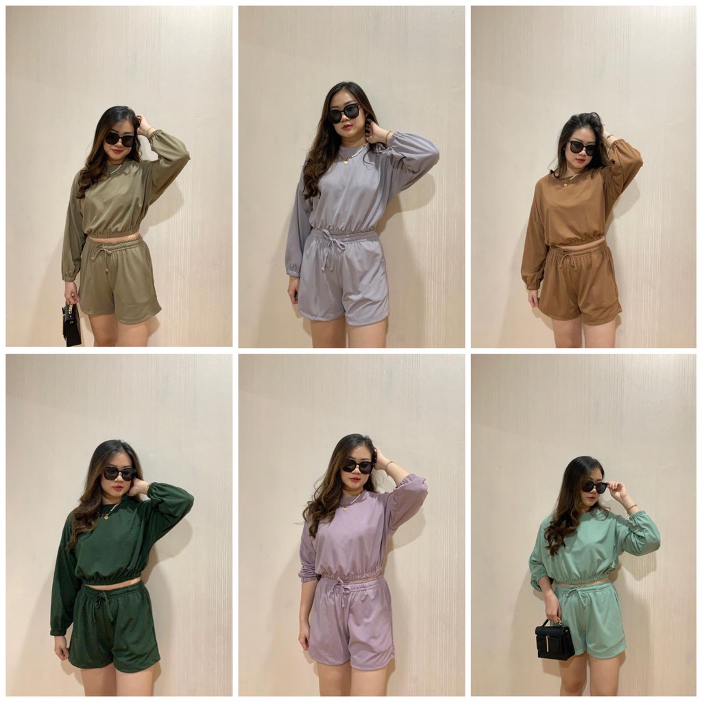 Set crop wanita celana pendek lengan panjang oversize
