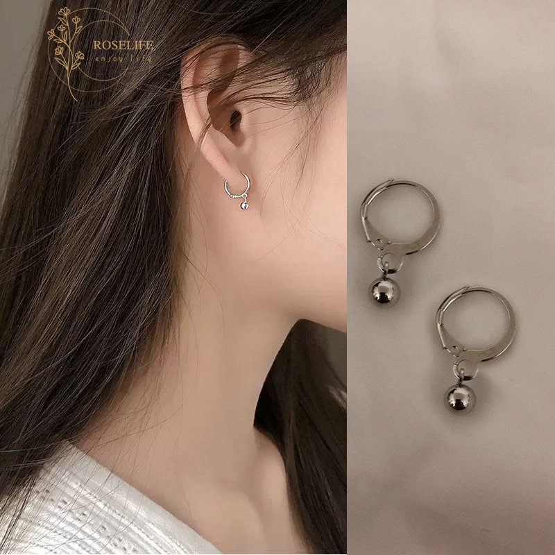 Roselife 1 Pasang Anting Bulat Silver Kecil Simple Aksesoris Wanita