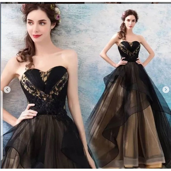 Gaun Hitam Gold-emas elegan gaun pesta gaun formal