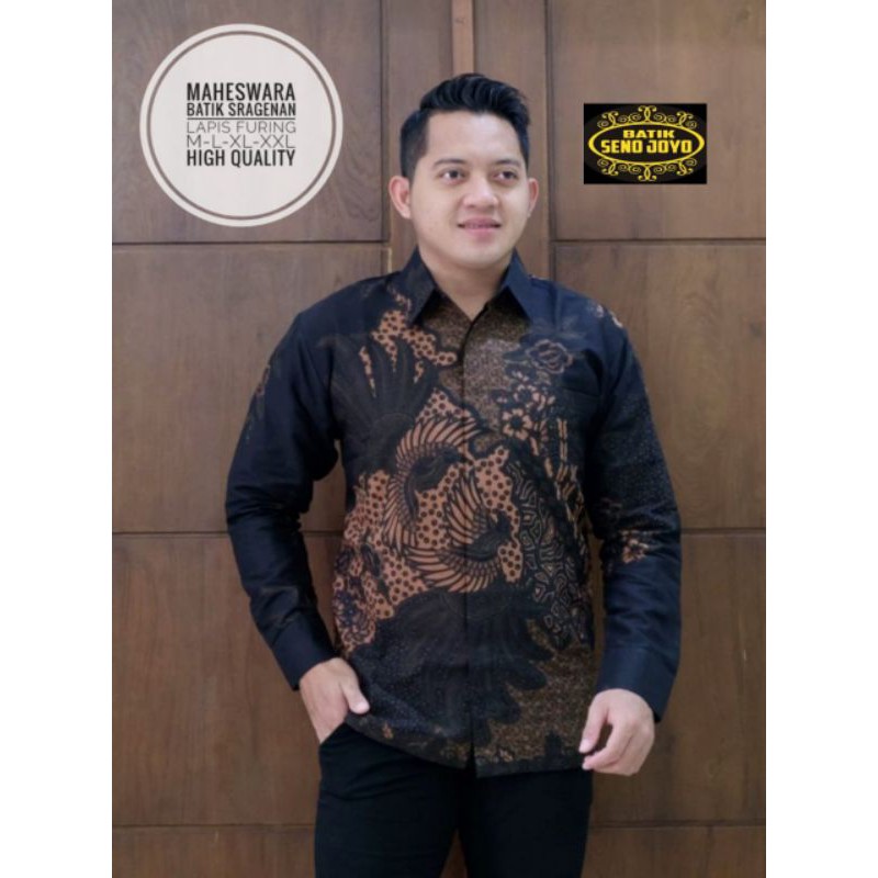 Kemeja Batik Lengan Panjang TERBARU Batik Panjang Warna Hitam maheswara Batik Full Furing BahanKatun