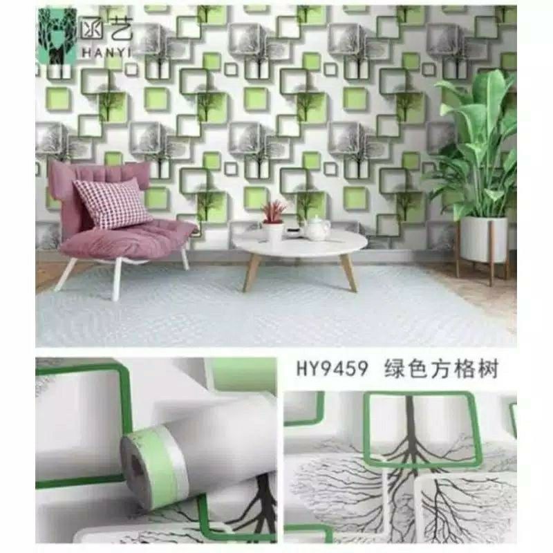 Wallpaper Sticker Dinding Motif Kotak Hijau 3D 10mx45cm