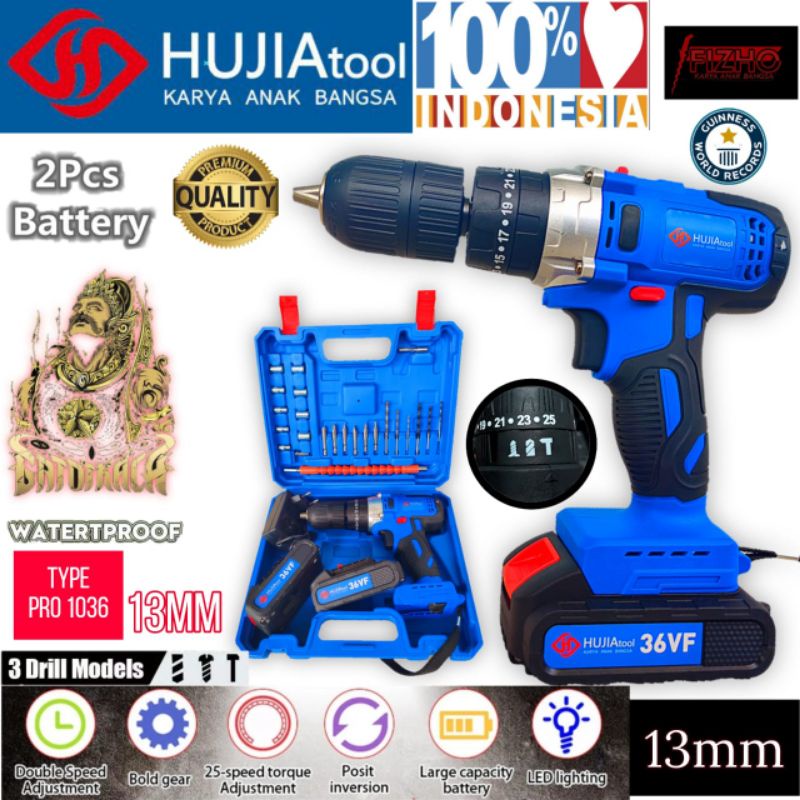 Mesin bor baterai hujia type pro 1036 13mm besi tembok Beton kayu impact drill cordless tanpa kabel 