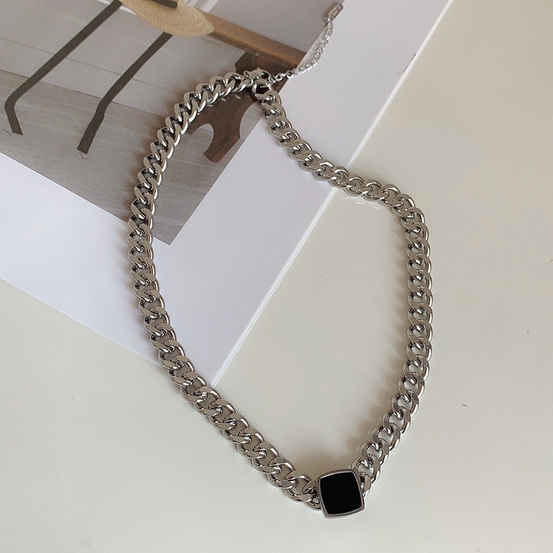 Kalung Titanium Silver Black Square Mirip Emas Putih Sisik Naga Premium