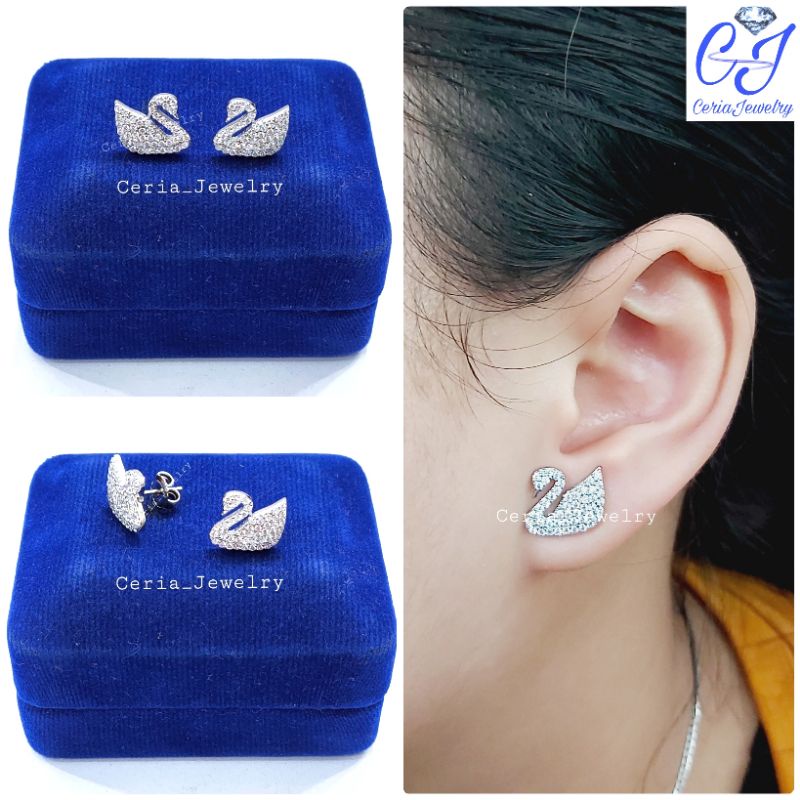 Anting Tusuk Perak Asli Silver Wanita 925 Lapis Emas Putih Model Angsa/Swan , Anting Angsa Permata - Perhiasan Perak Asli