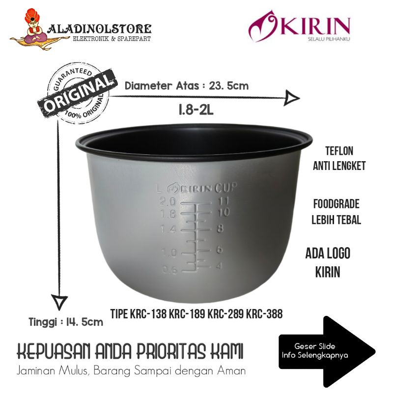 Panci Teflon MagicCom KIRIN 2L KRC 138 189 289 388 ORIGINAL