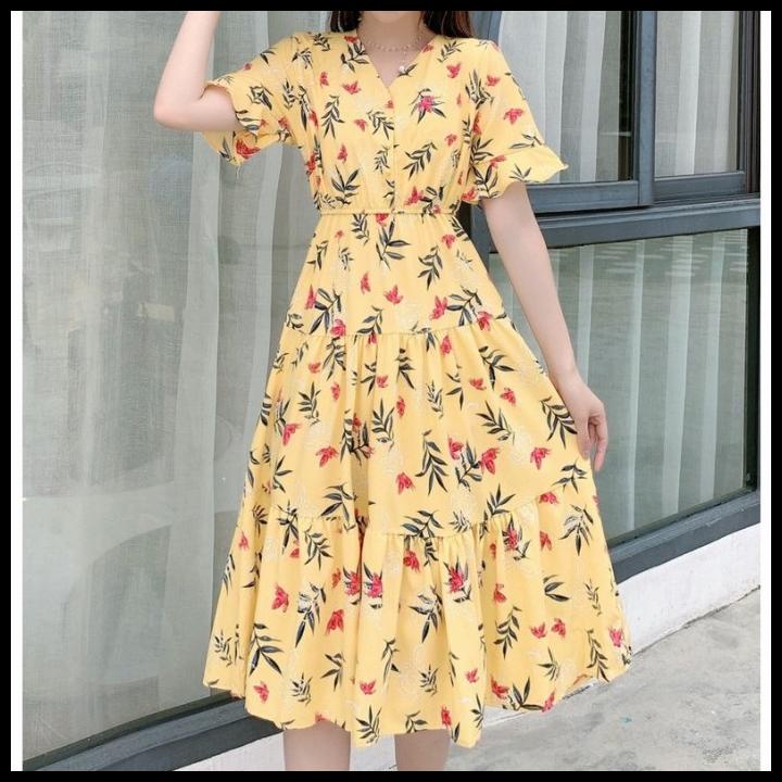 Midi Dress Maple Floral Yellow Elegant Layer Flowy Korean Style Tnf