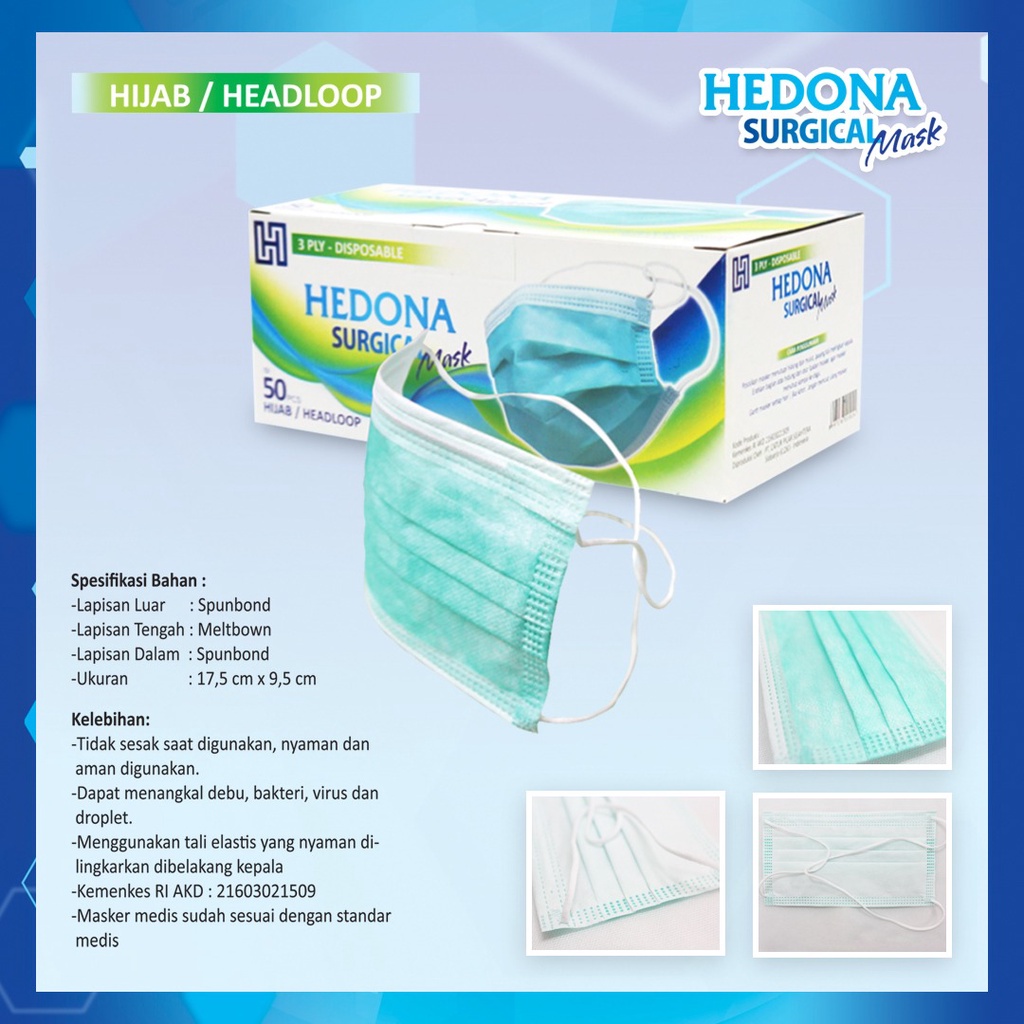 Jual Masker Headloop Hijab Masker Medis 3Ply Hedona Izin Kemenkes