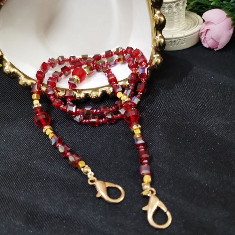 Strap dan Konektor Hijab Masker Swarovski Merah Maroon