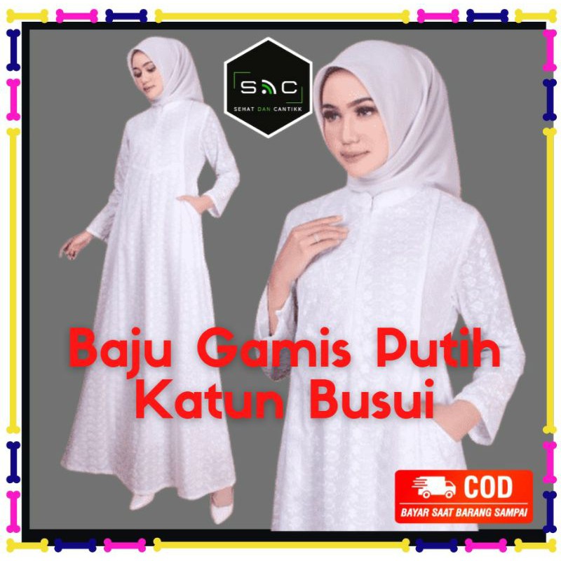 Gamis Putih Polos Busui Baju Wanita Muslim Umroh Katun Motif Bordir Fashion Muslimah Ukuran M s/d L5