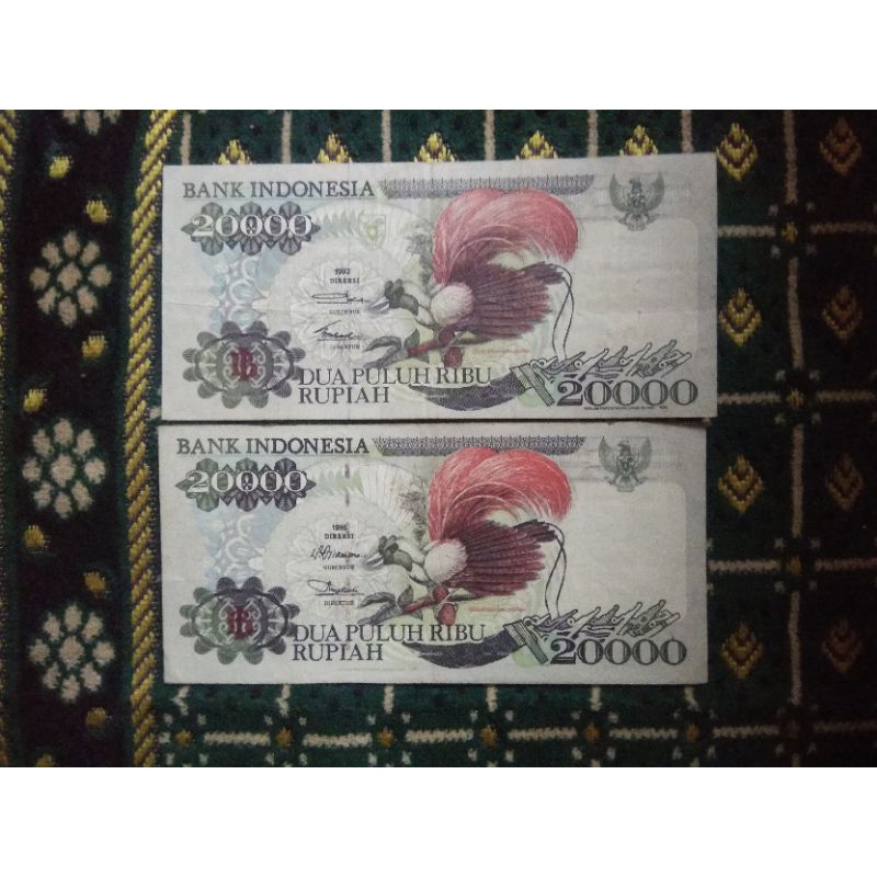 Uang Kuno Asli 20.000 Rupiah Cendrawasih Tahun 1992 dan 1995 mahar nikah dan koleksi