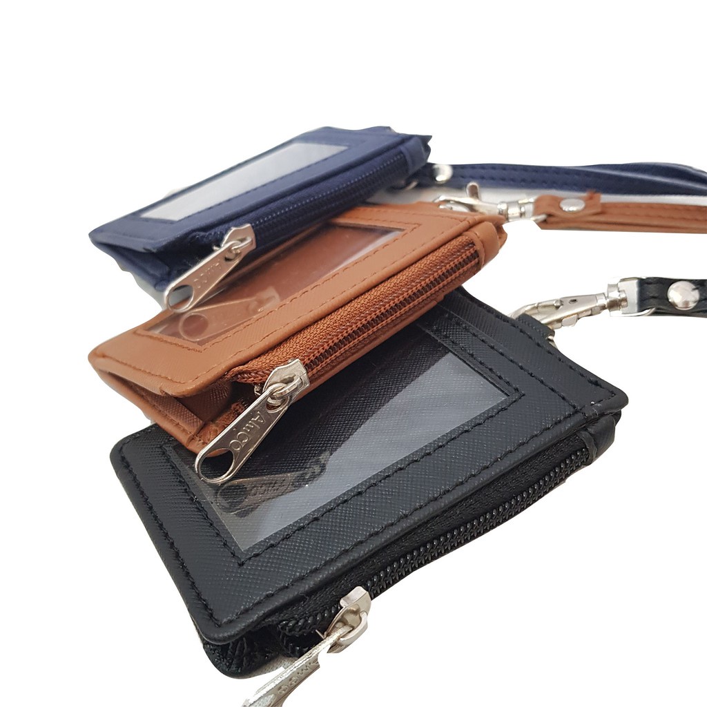 Lanyard Resleting Name Tag WIOLLA | ID Card Holder Zipper Termurah PU Leather | Dompet Kartu Lanyard