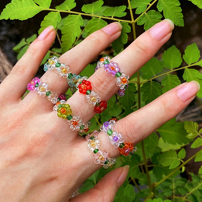 Cincin Jari Elastis Desain Manik-Manik Kristal Bunga Warna-Warni Bahan Resin Gaya Korea Boho Untuk Wanita