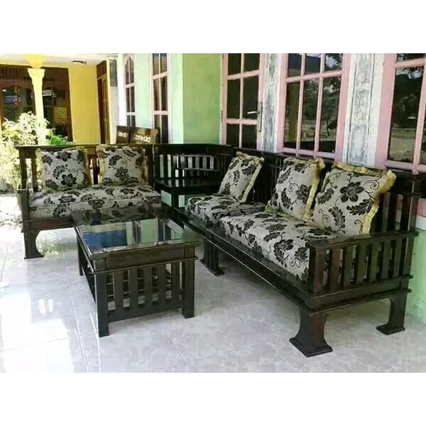 kursi tamu minimalis sudut bahan kayu jati + busa sofa dan bantal