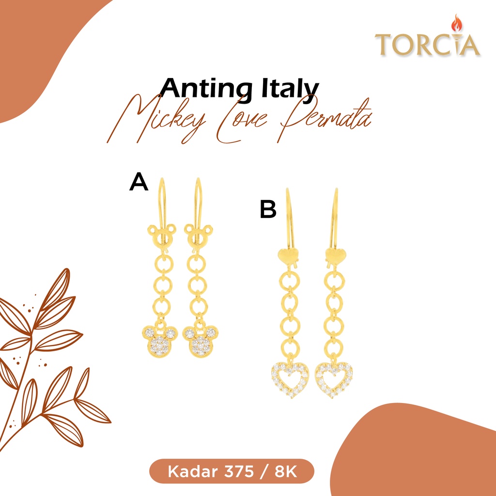 Anting Italy Emas Asli Mickey Love Permata Kadar 375 Torcia