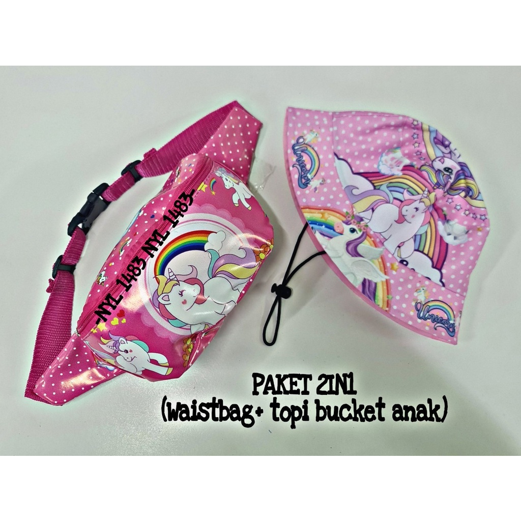 Waistbag Anak Karakter 2in1 - Tas + Topi Bucket