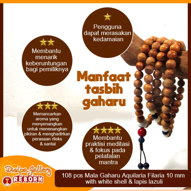 Tasbih / Mala Buddha 108 Kayu Gaharu Merauke 10mm with White Shell