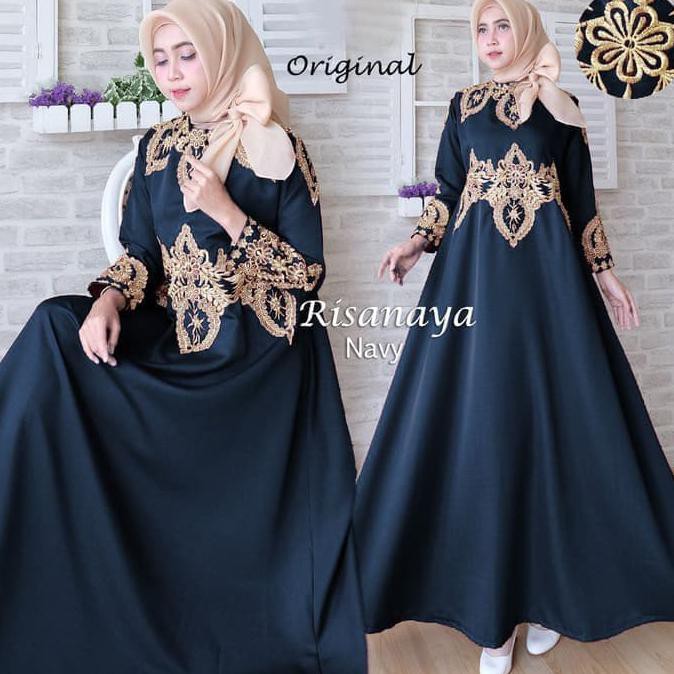 BAJU GAMIS MUSLIM PESTA MEWAH RISNAYA NAVY / GAMIS KONDANGAN ELEGANT