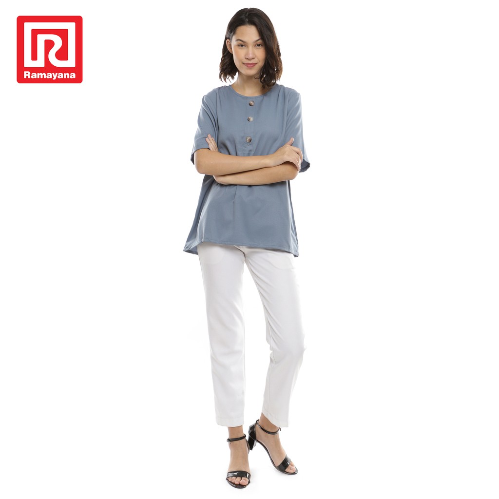 Ramayana - JJ Jeans Blouse Wanita Kancing Kombinasi Kerut S/S B042028 Biru M-3