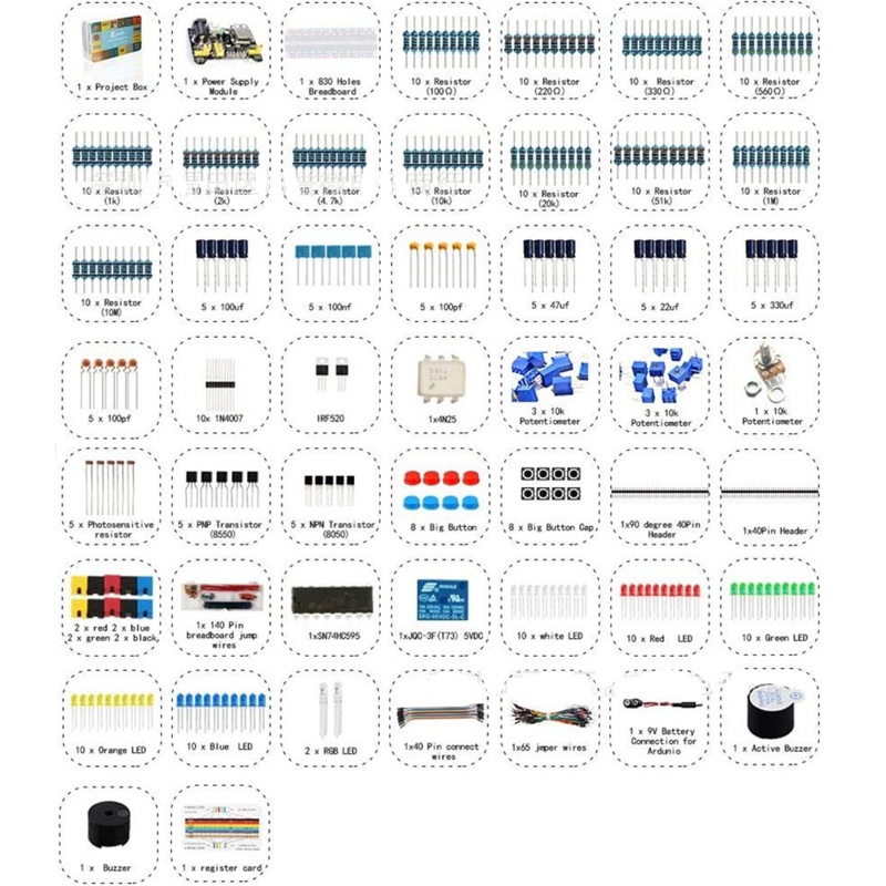 Btsg New Komponen Elektronik Basic Super Kit Dengan Resistor Kapasitor Buzzer LED