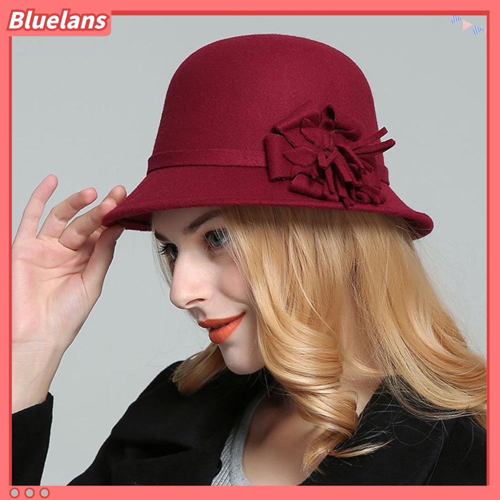 Bluelans Topi Bowler Bahan Wol Imitasi Warna Polos Aksen Bunga Gaya Vintage Untuk Wanita