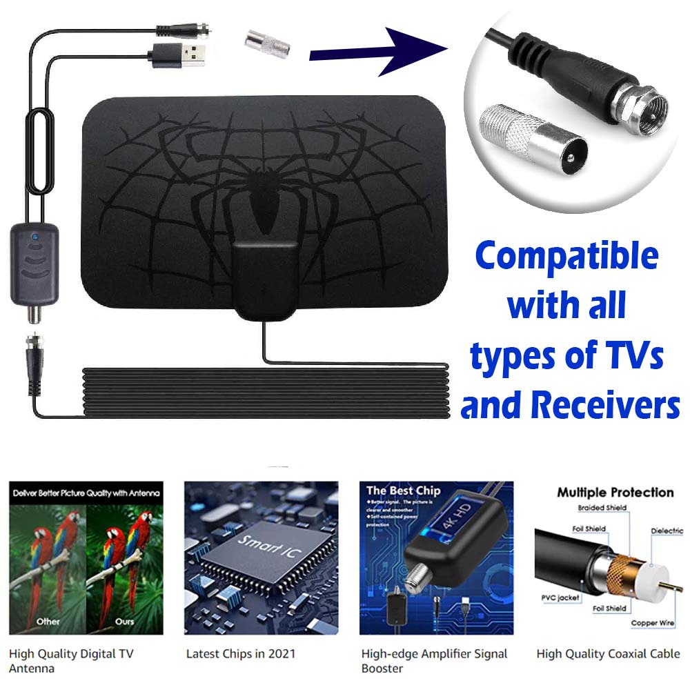 Antena TV Digital DVB-T2 4K High Gain 25dB Indoor Dalam Rumah Tv Led Lcd + Amplifier Booster Penguat Sinyal TV Bisa untuk TV non Digital, TV Tabung, TV Lcd, TVBOX, Receiver Digital, Set Top Box Digital, Android TV, Smart TV