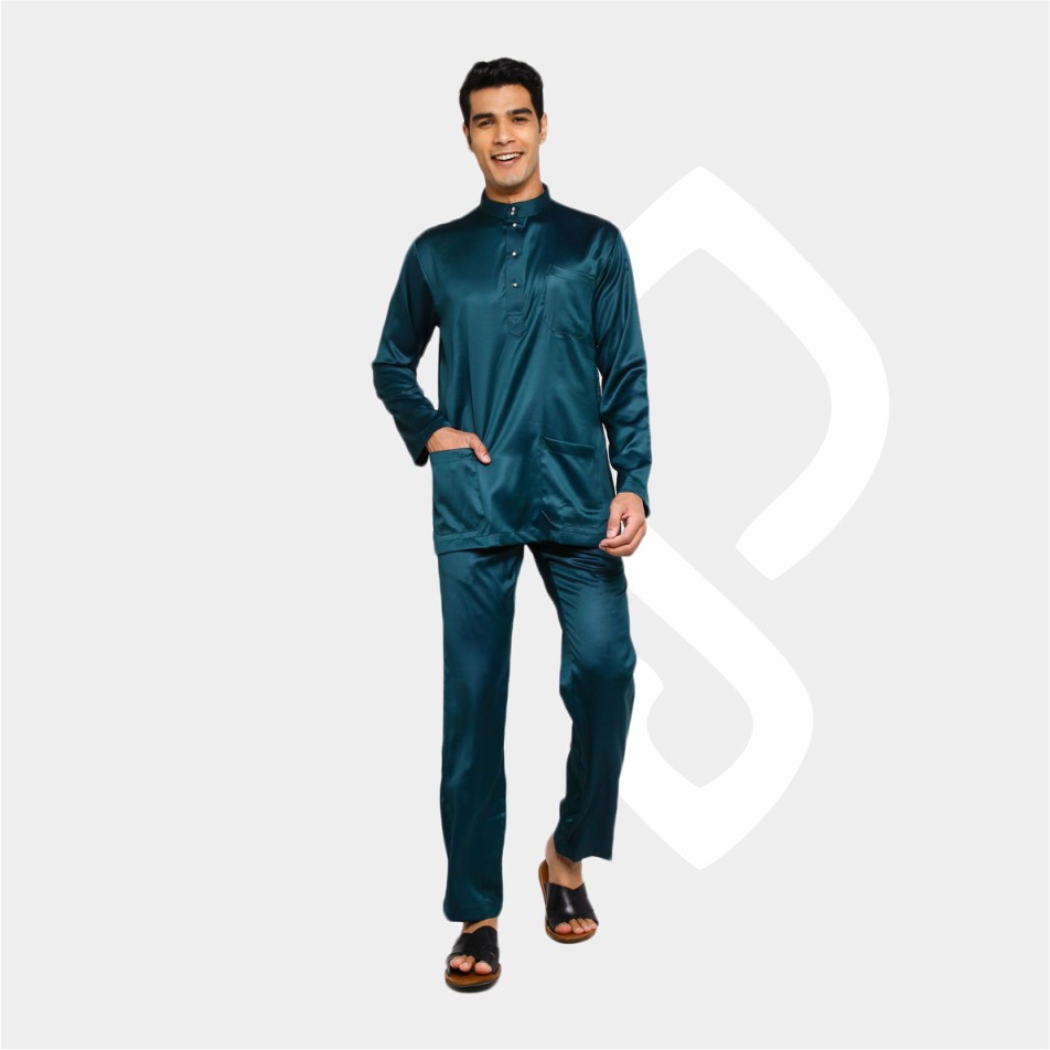 Baju Koko Pria Melayu Cekak Musang Setelan Muslim Kurung Teluk Belanga Hijau Forest