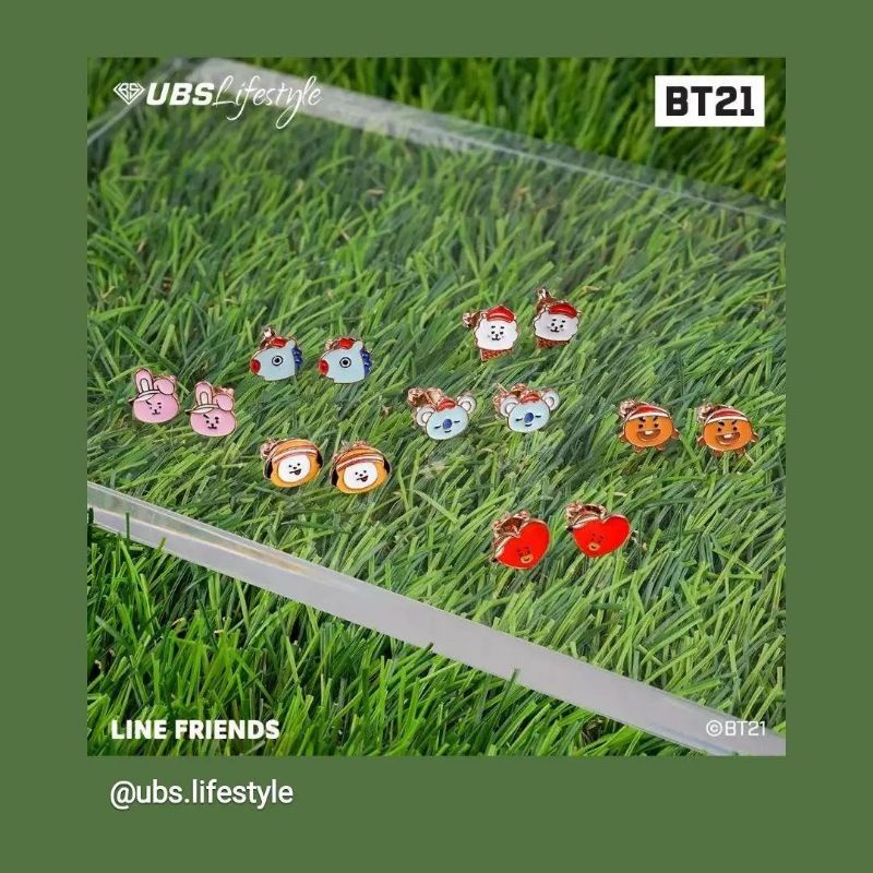 Kalung, giwang anting tusuk, gelang serut BT21 BTS Army Mang, Tata, Koya, Cooky, RJ, Chimmy UBS kadar 375 8K part 1