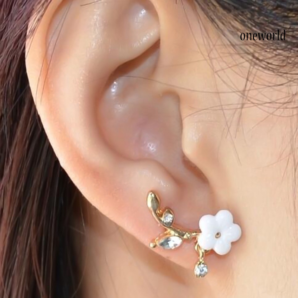 OW@ Earrings Flower Leaves Shape Design Beautiful Alloy Rhinestone Inlaid Ear Stud for Daily Life