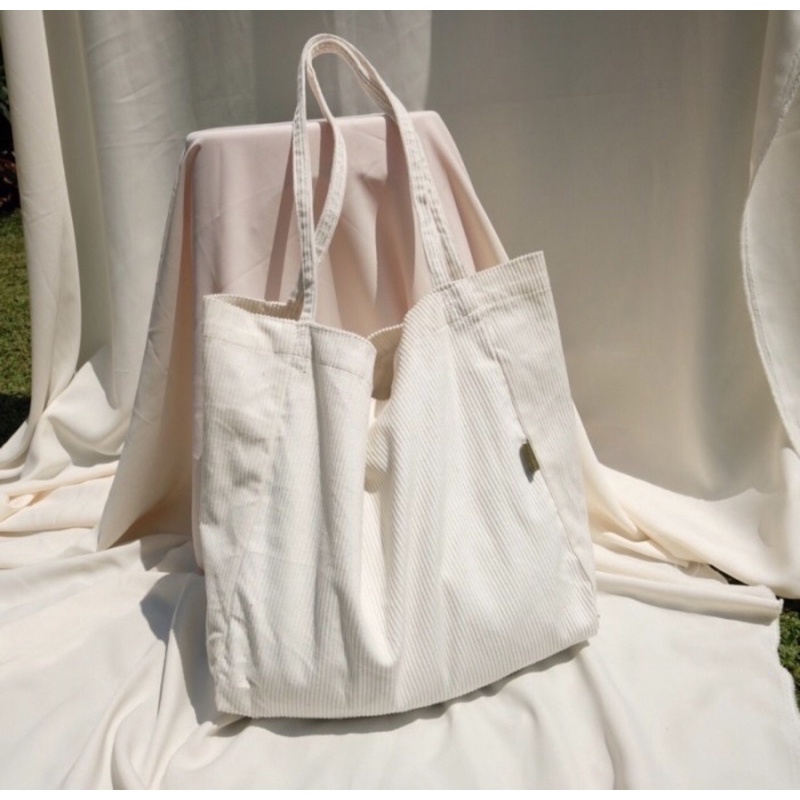 Broken White Corduroy Baggy Tote Bag - Cabiciks