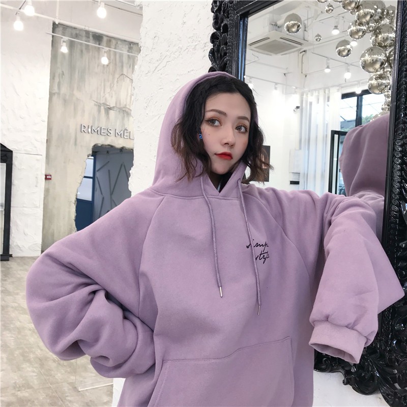 Sweater Berkerudung Lengan Panjang Wanita Korea Warna Solid Longgar Huruf Dicetak