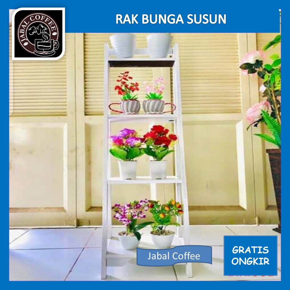 Rak Bunga Kayu 4 Papan / Rak Bunga Susun Kayu Bentuk Tangga / Rak Bunga Minimalis Flower Stand