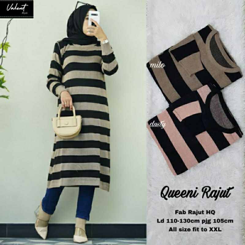 Queeni Rajut, TUNIK MOTIF GARIS FIT TO XXXL LD 100-130 BAHAN RAJUT PREMIUM CANTIK MODIS TERMURAH