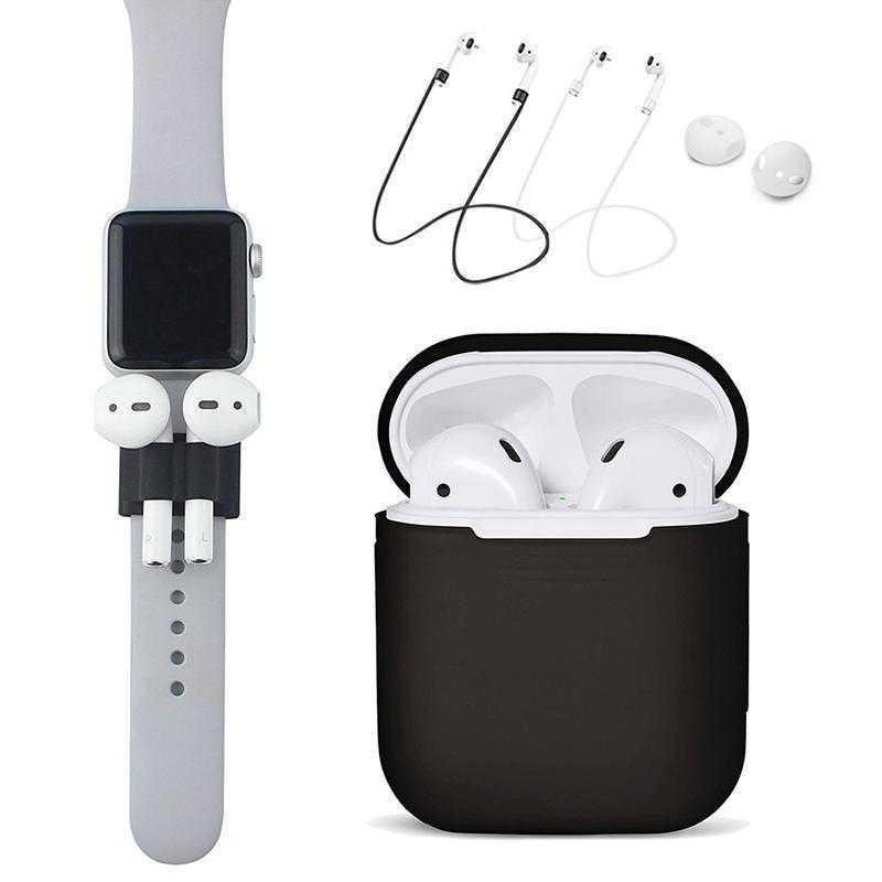 Silicone Case + Anti Lost Strap + Watch Wrist Protective Case for AirPods 1 &amp; 2 - SY-5201 - Black