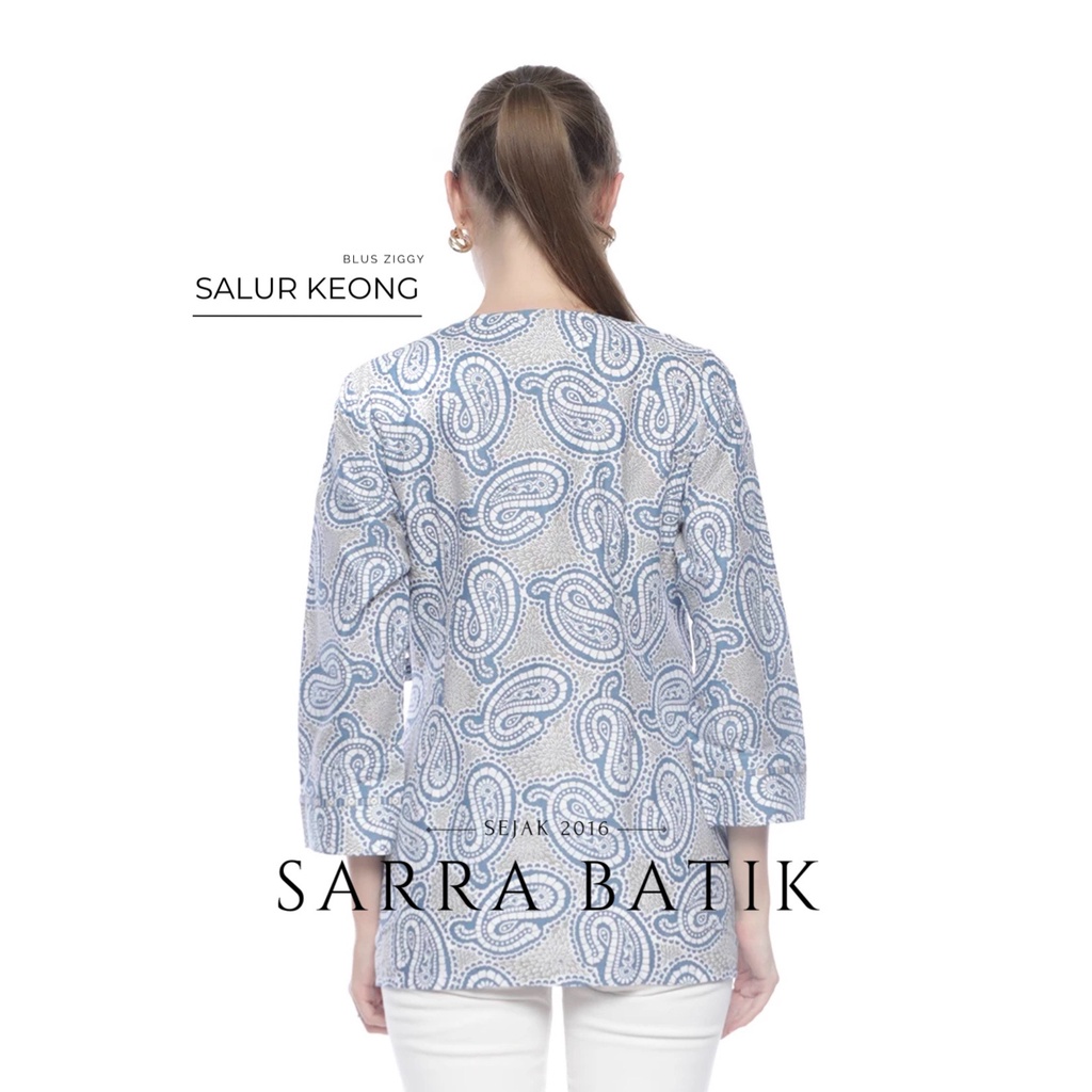 Blus Ziggy Tali Salur Keong Biru Batik Atasan Batik Muslim Tali Obi Kantor Kerja Casual Modern