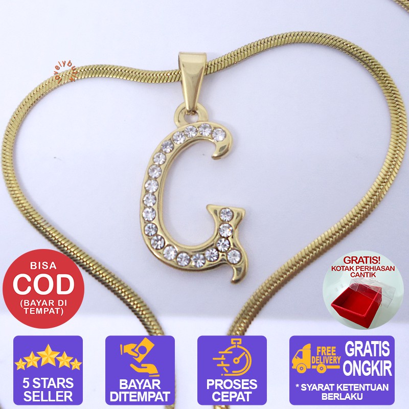 Lovelybutik Honey Kalung Huruf Titanium Anti Karat Inisial G Uk 45 cm BONUS KOTAK PERHIASAN