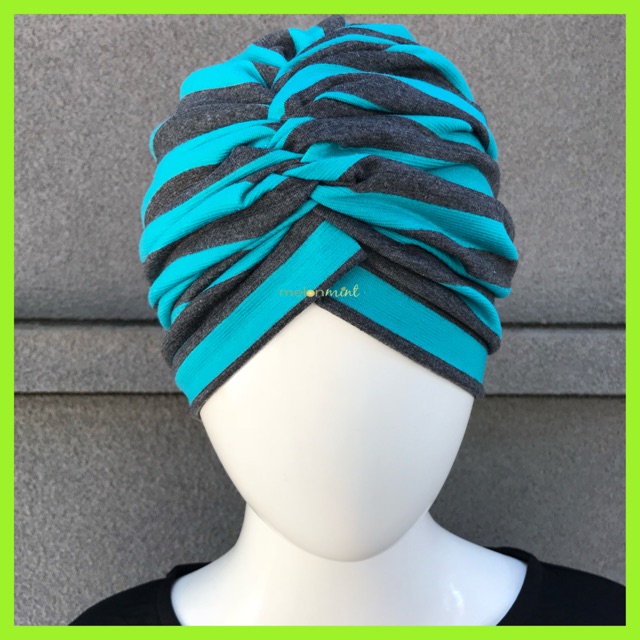 Melonmint Handmade Turban Motif Hijab Instan Instant Wanita Garis Tosca & Abu Hitam Grosir