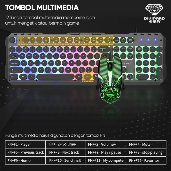 Keyboard Mouse Gaming Divipard GMK-40 Kabel USB 2.0 LED Metal Cover