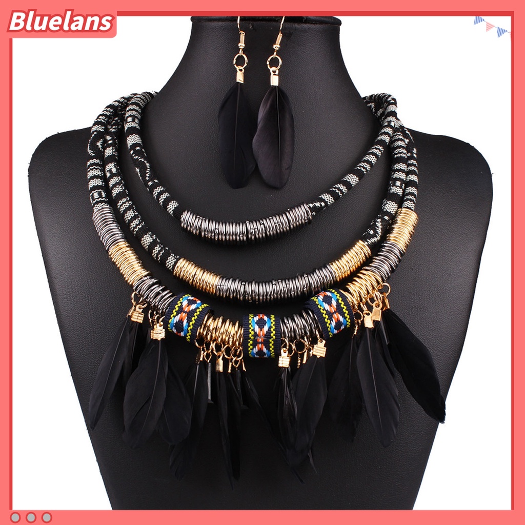 2pcs / Set Kalung Anting Rumbai Bulu Multilayer Bahan Alloy Gaya Bohemian Etnik Untuk Aksesoris Perhiasan