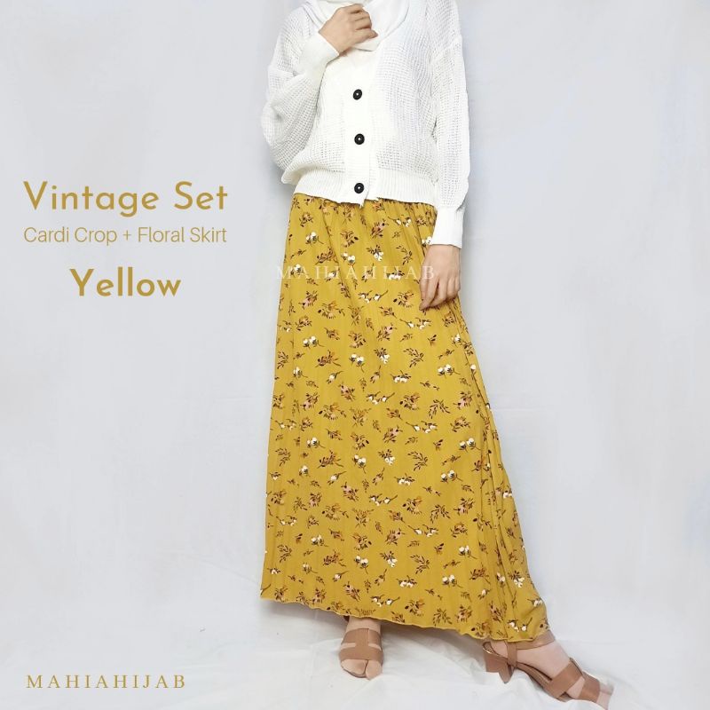 Vintage One Set Cardi crop polos + Rok plisket motif flower vintage korea style, Setelan Lengkap, ootd hijab