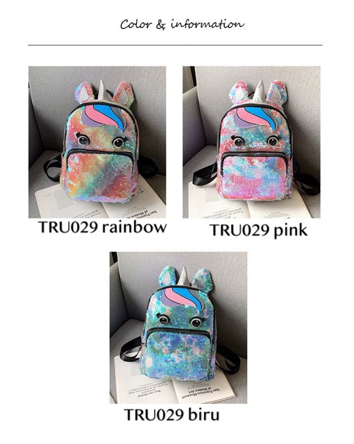 Tas Ransel Sequin Shiny Unicorn TRU029 tas backpack anak perempuan