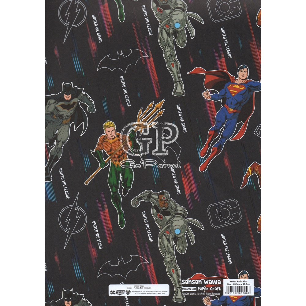 ( 5 Lembar ) KERTAS KADO JUSTICE LEAGUE - GIFT WRAP PAPER SANSAN WAWA SUPERHEROES SUPERMAN / BATMAN / THE FLASH / GREEN LANTERN / DC MARVEL SUPERHERO